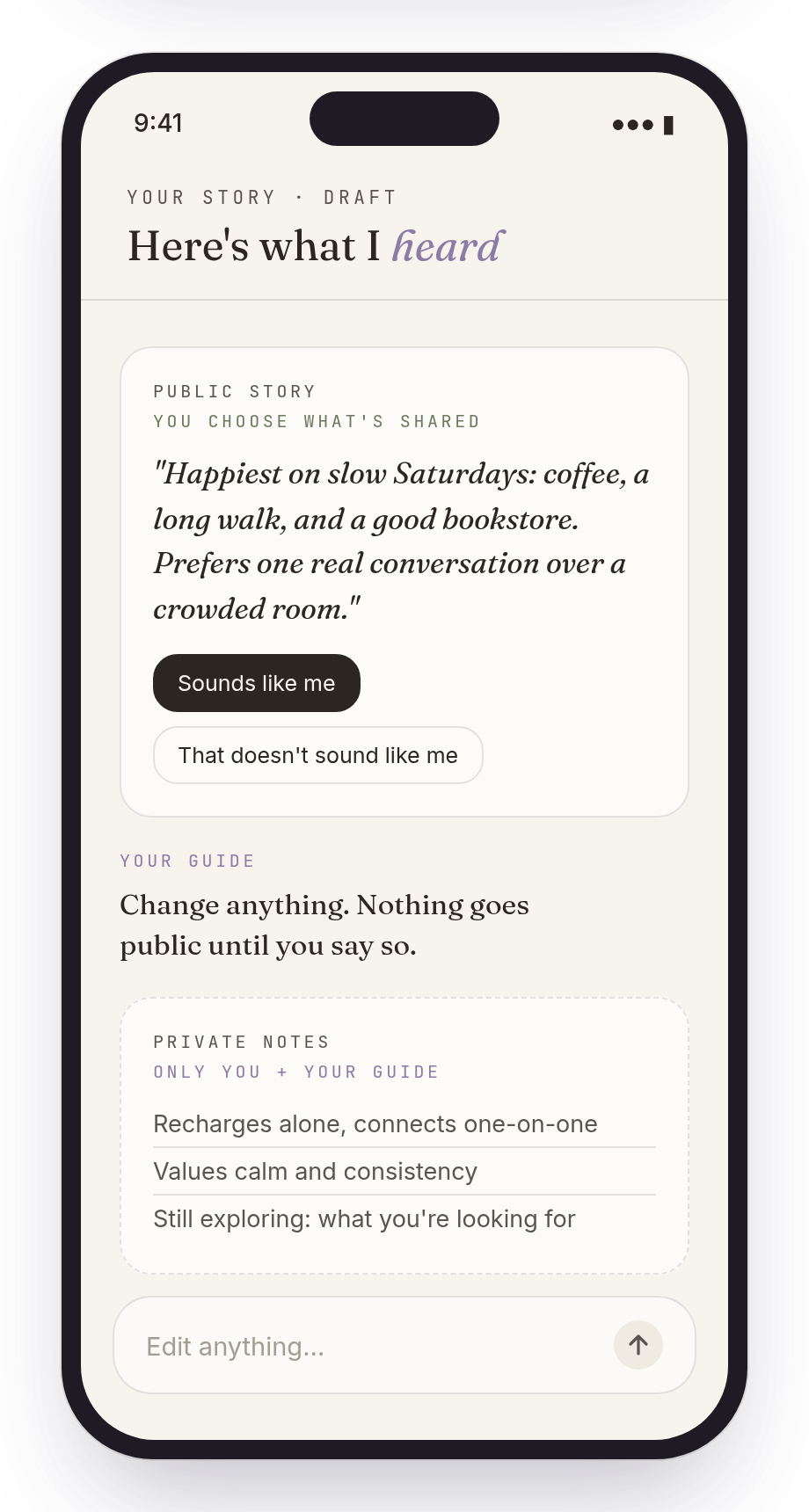 Intro reflects your story back, with buttons for 'Sounds like me' and 'That doesn't sound like me.'