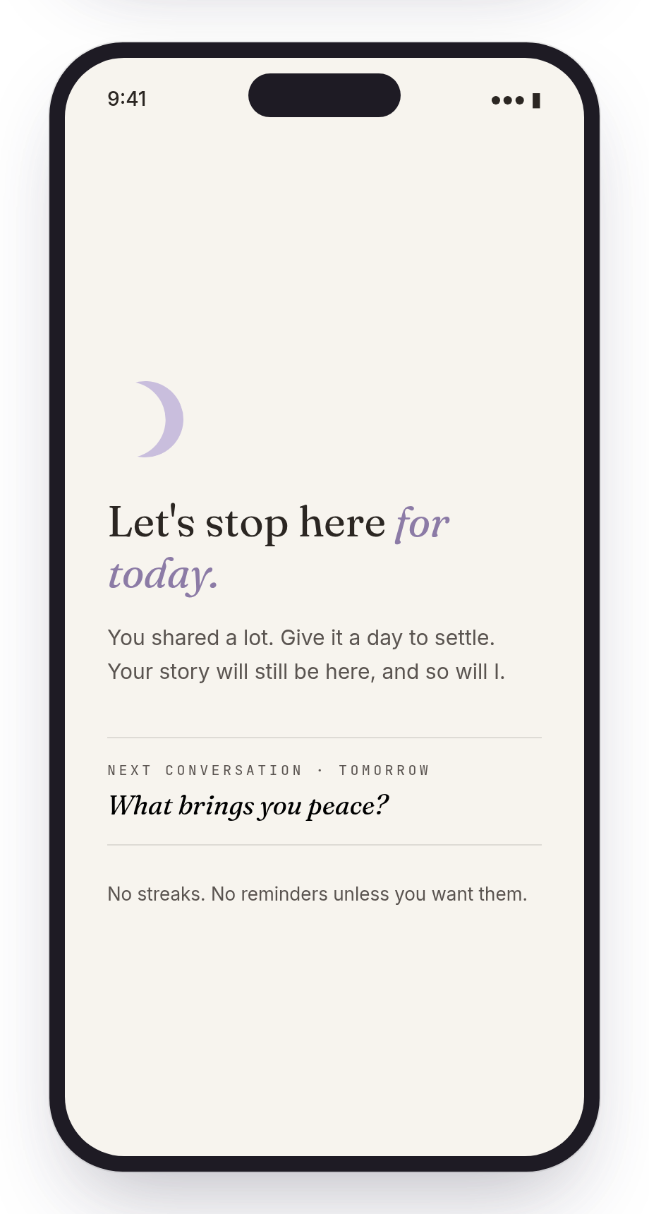 Intro ends the session: 'Let's stop here for today,' with the next conversation set for tomorrow.